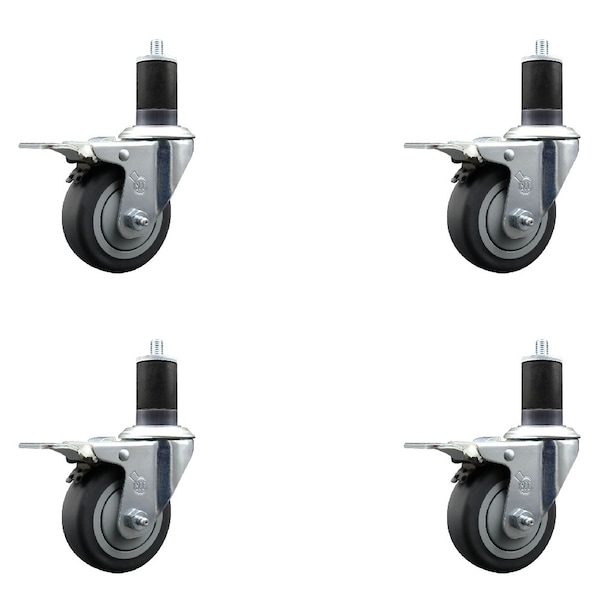 3.5'' SS Thermoplastic Rubber Swivel 1-5/8'' Expanding Stem Caster Set Total Lock Brake, 4PK
